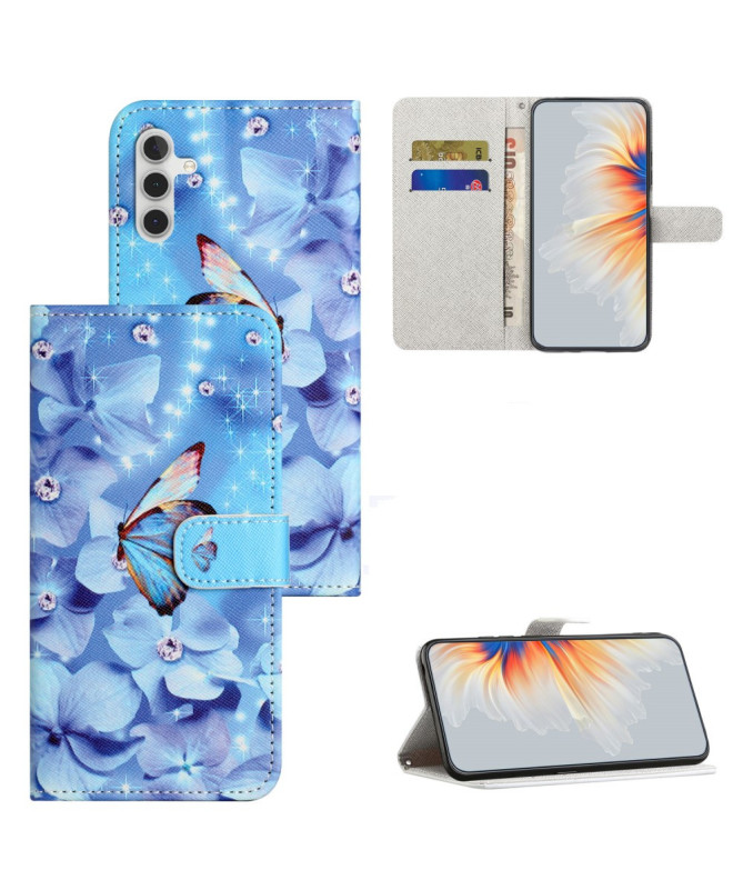 Housse Samsung Galaxy A15 5G Papillon et fleurs bleues