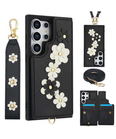 Coque Samsung Galaxy S25 Ultra avec Lanière et Portefeuille Fleuri