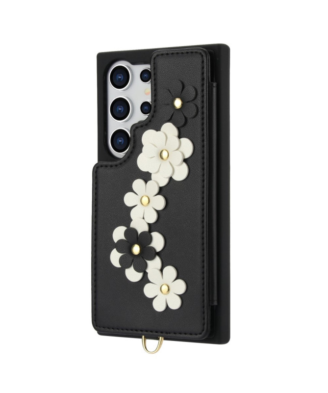 Coque Samsung Galaxy S25 Ultra avec Lanière et Portefeuille Fleuri