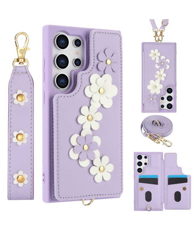 Coque Samsung Galaxy S25 Ultra avec Lanière et Portefeuille Fleuri