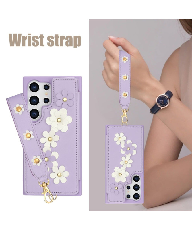 Coque Samsung Galaxy S25 Ultra avec Lanière et Portefeuille Fleuri