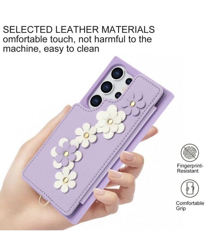 Coque Samsung Galaxy S25 Ultra avec Lanière et Portefeuille Fleuri