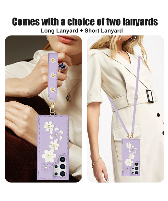 Coque Samsung Galaxy S25 Ultra avec Lanière et Portefeuille Fleuri