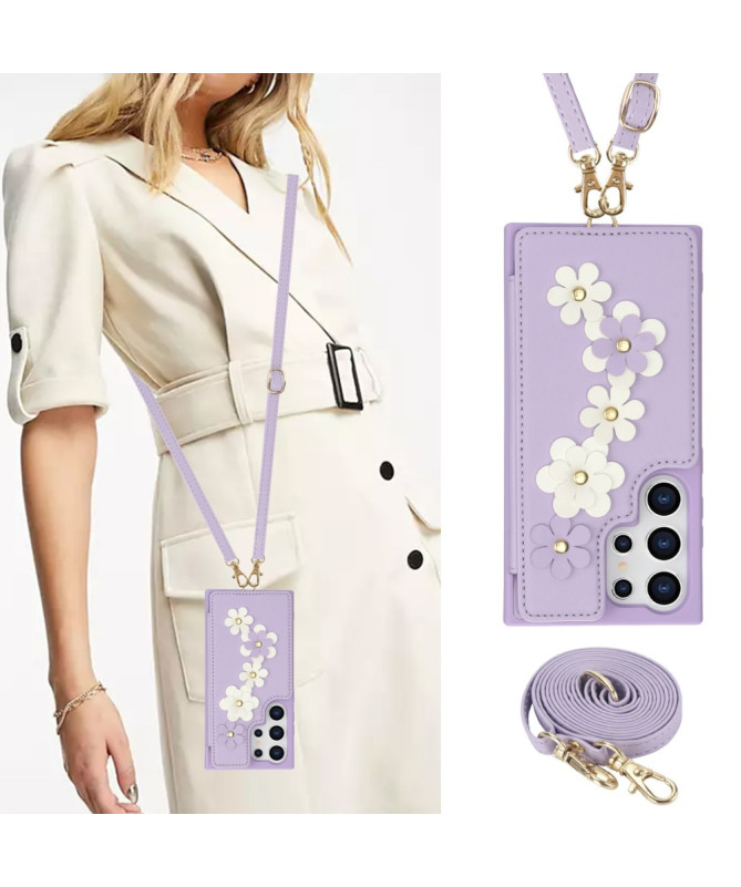 Coque Samsung Galaxy S25 Ultra avec Lanière et Portefeuille Fleuri