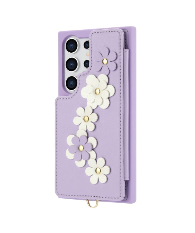 Coque Samsung Galaxy S25 Ultra avec Lanière et Portefeuille Fleuri