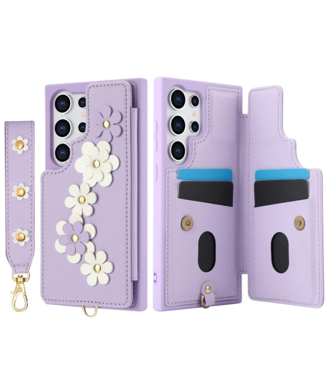 Coque Samsung Galaxy S25 Ultra avec Lanière et Portefeuille Fleuri