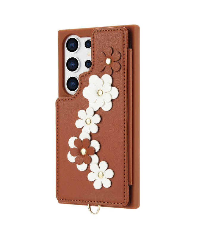 Coque Samsung Galaxy S25 Ultra avec Lanière et Portefeuille Fleuri