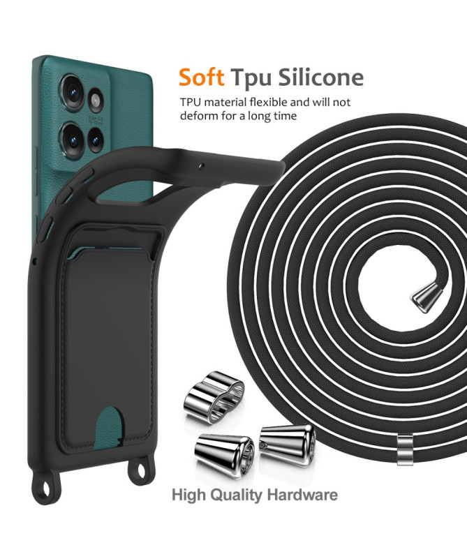 Coque Motorola Edge 50 Silicone Liquide à Cordon et Porte-carte