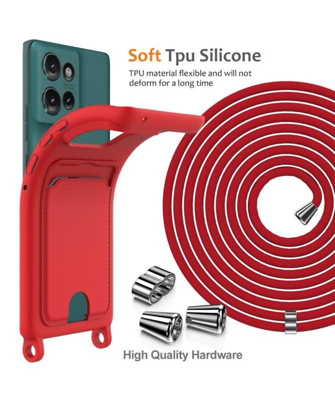 Coque Motorola Edge 50 Silicone Liquide à Cordon et Porte-carte