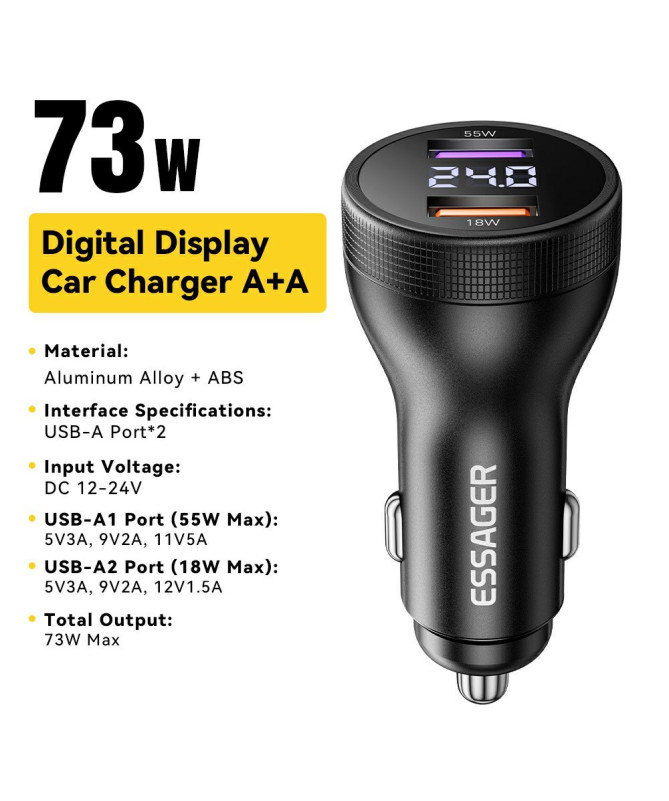 Chargeur voiture 73W double USB, affichage digital
