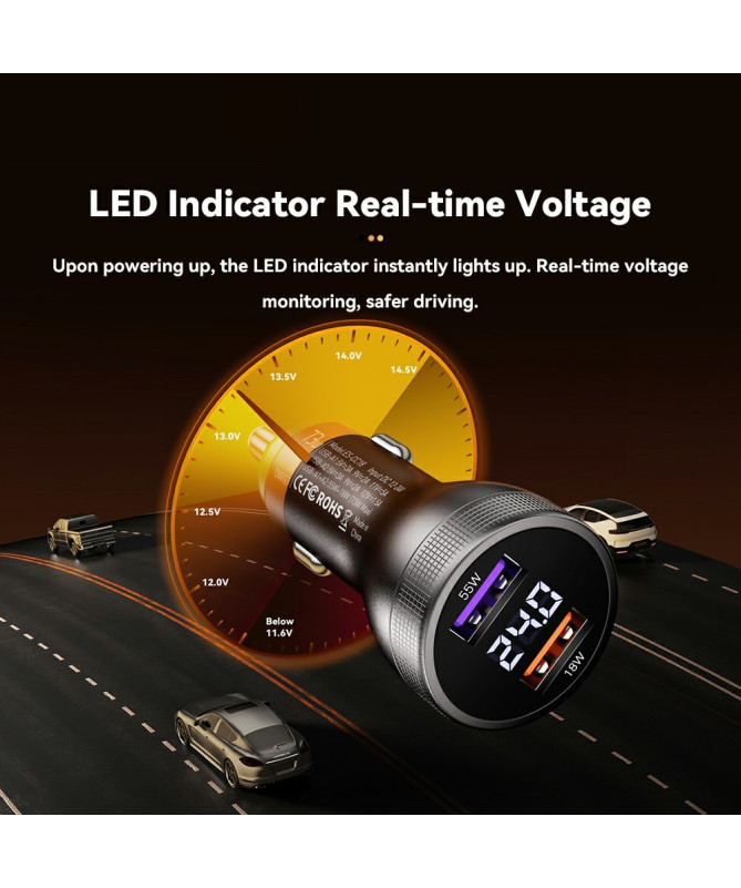 Chargeur voiture 73W double USB, affichage digital