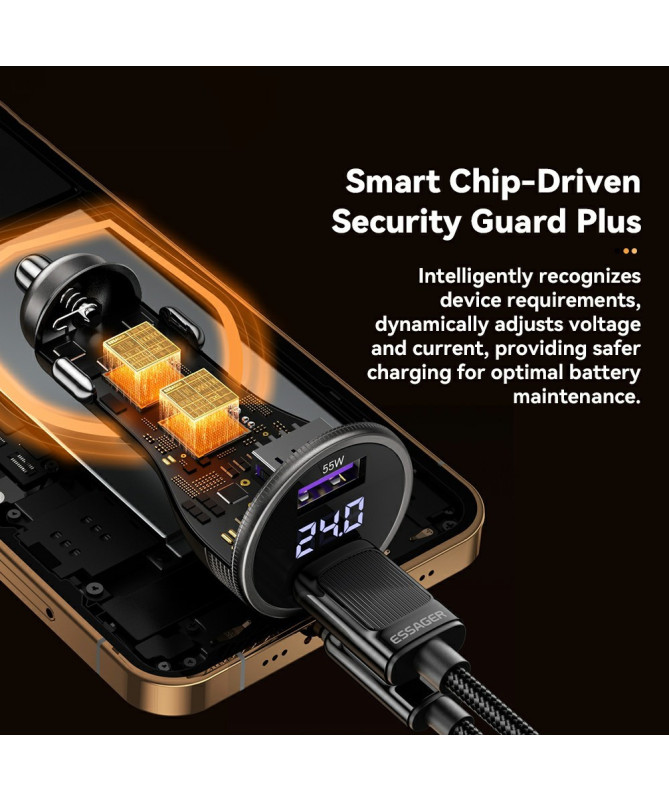 Chargeur voiture 73W double USB, affichage digital