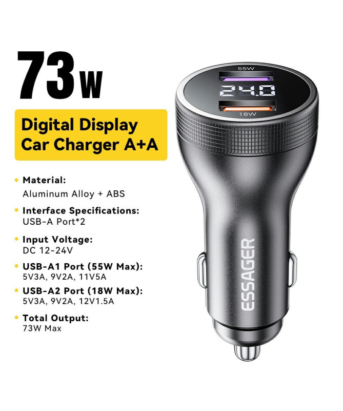 Chargeur voiture 73W double USB, affichage digital