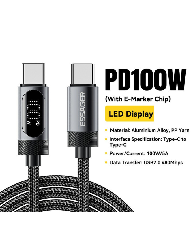 Câble USB-C vers USB-C 100W, affichage digital, 1M