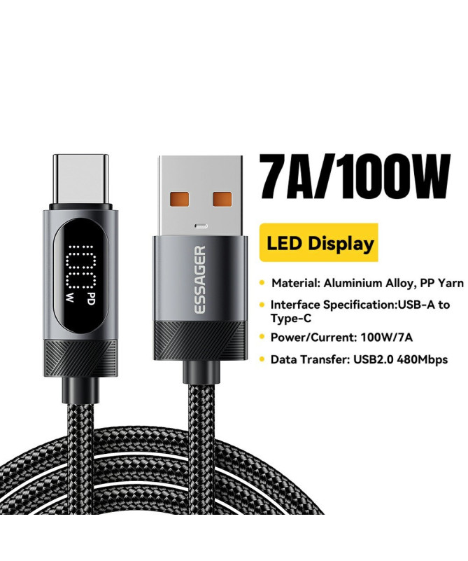 Câble USB-A vers USB-C 7A, affichage digital, 2M