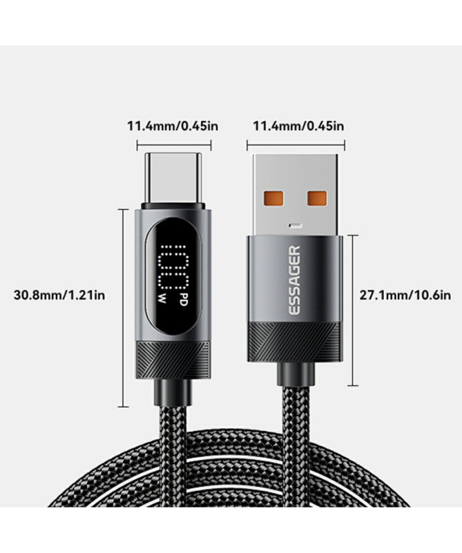 Câble USB-A vers USB-C 7A, affichage digital, 2M