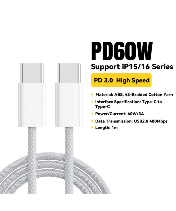 Câble USB-C vers USB-C, 1M, 60W, charge rapide