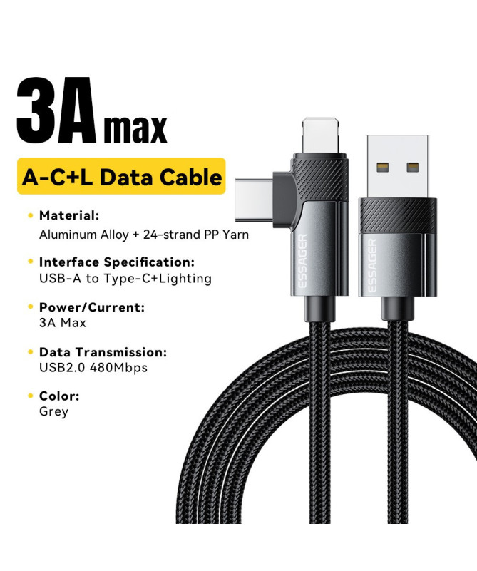 DUO LINK | Câble 2-en-1 USB-A vers Lightning + Type-C, 2M, 3A