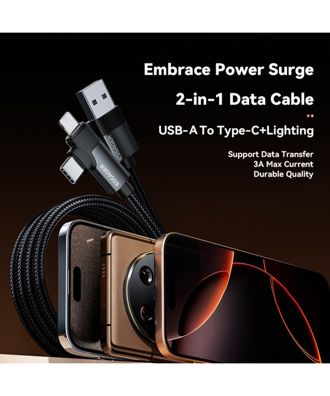 DUO LINK | Câble 2-en-1 USB-A vers Lightning + Type-C, 2M, 3A