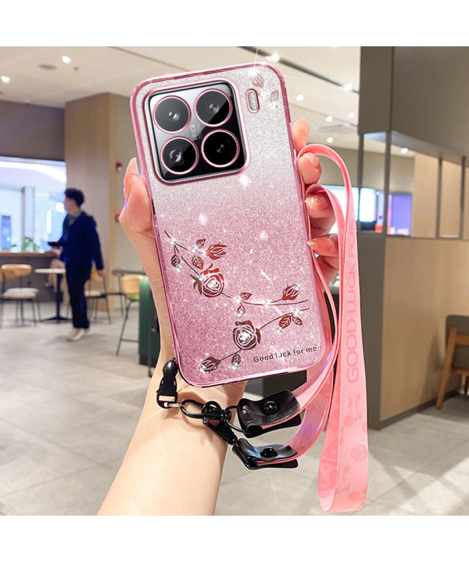 Coque Xiaomi 15 Pro Fleurs et Paillettes avec Cordons