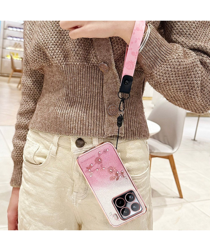 Coque Xiaomi 15 Pro Fleurs et Paillettes avec Cordons