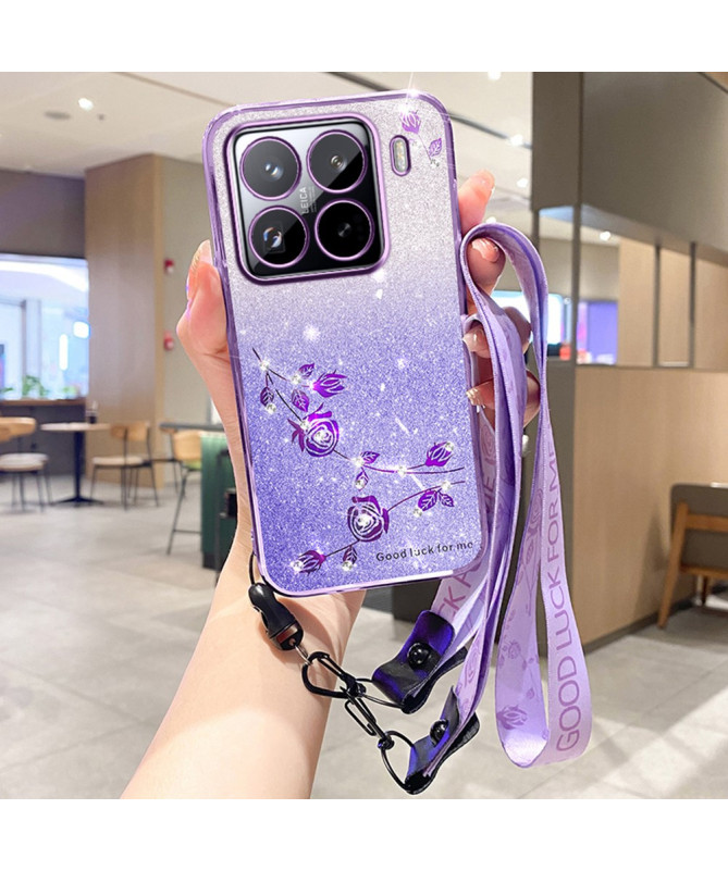 Coque Xiaomi 15 Pro Fleurs et Paillettes avec Cordons