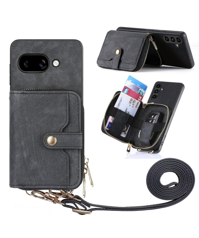 Coque Google Pixel 9a à sangle, fermeture zippée et porte-cartes