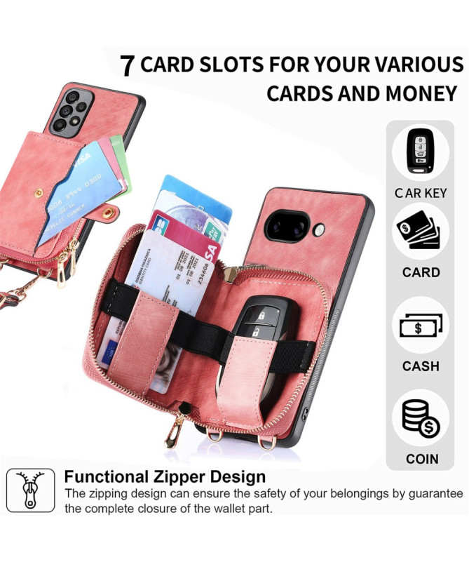 Coque Google Pixel 9a à sangle, fermeture zippée et porte-cartes