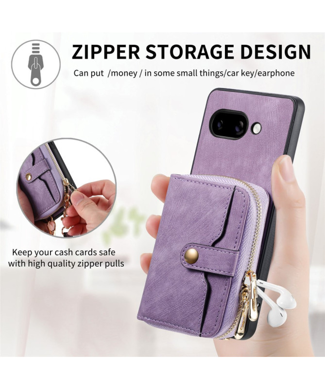 Coque Google Pixel 9a à sangle, fermeture zippée et porte-cartes