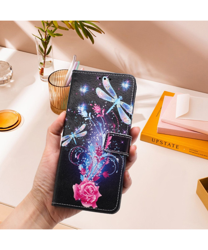 Housse Google Pixel 9a portefeuille, libellules et éclats floraux