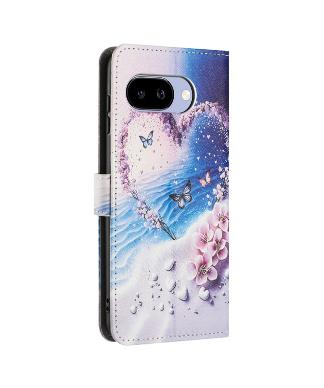 Housse Google Pixel 9a portefeuille, illustration cœur et papillons
