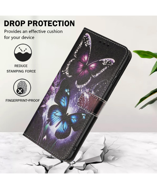 Housse Google Pixel 9a portefeuille, papillons effet lumineux