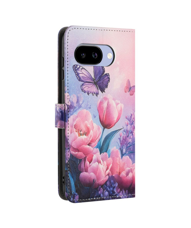 Housse Google Pixel 9a portefeuille, design papillon et fleurs