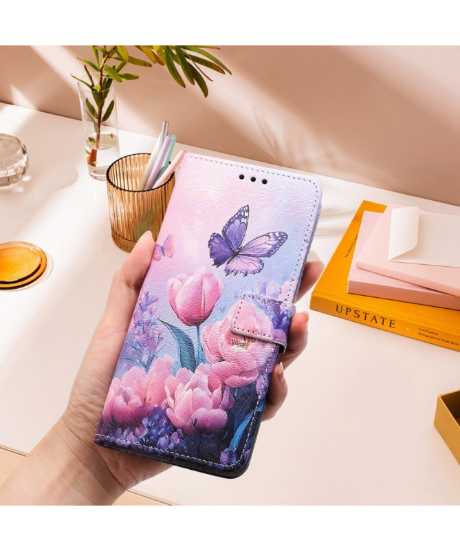 Housse Google Pixel 9a portefeuille, design papillon et fleurs