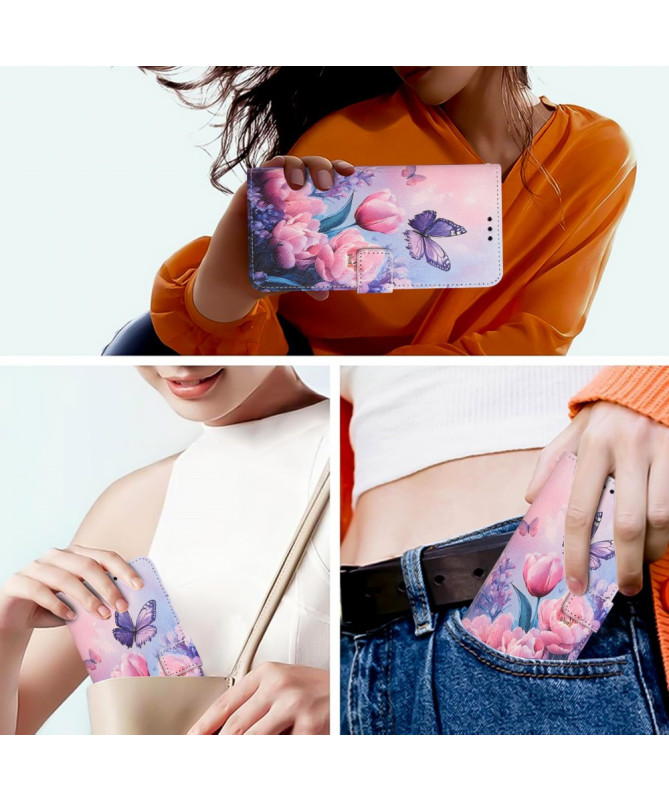 Housse Google Pixel 9a portefeuille, design papillon et fleurs