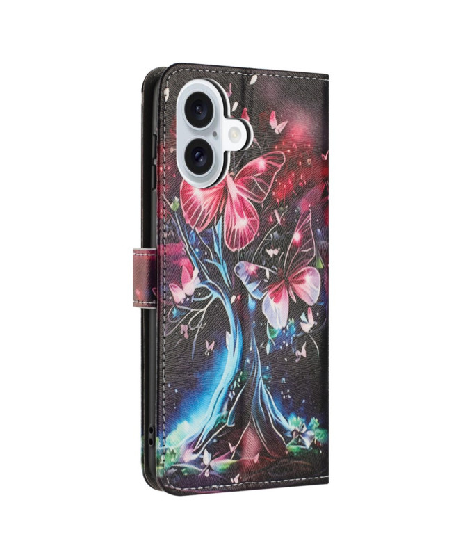 Housse iPhone 16 Plus, arbre lumineux et papillons