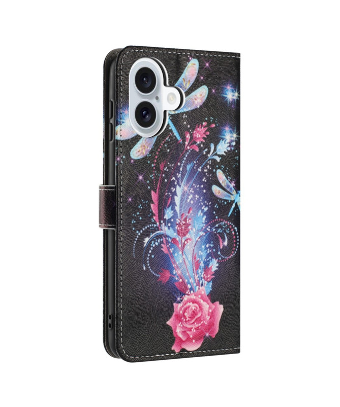 Housse iPhone 16 Plus, libellules et éclats floraux