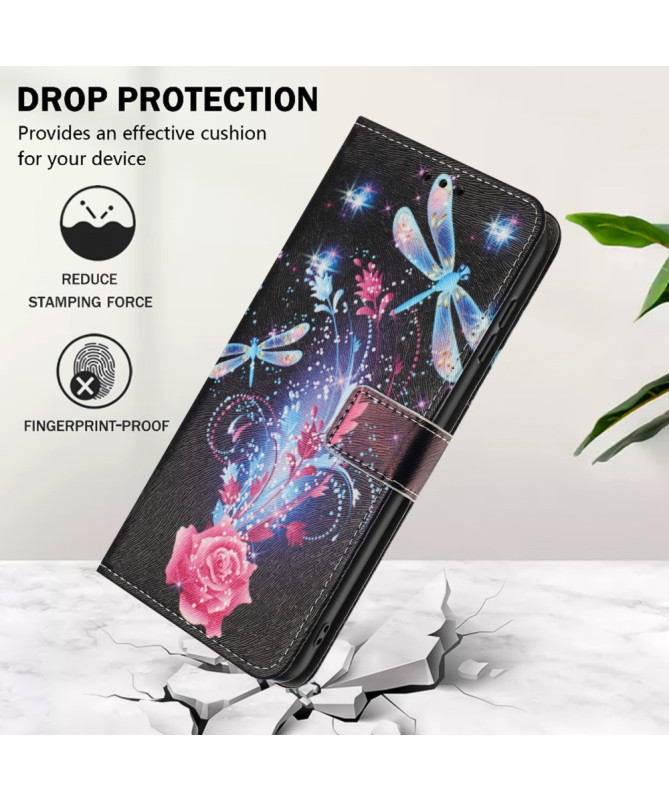 Housse iPhone 16 Plus, libellules et éclats floraux