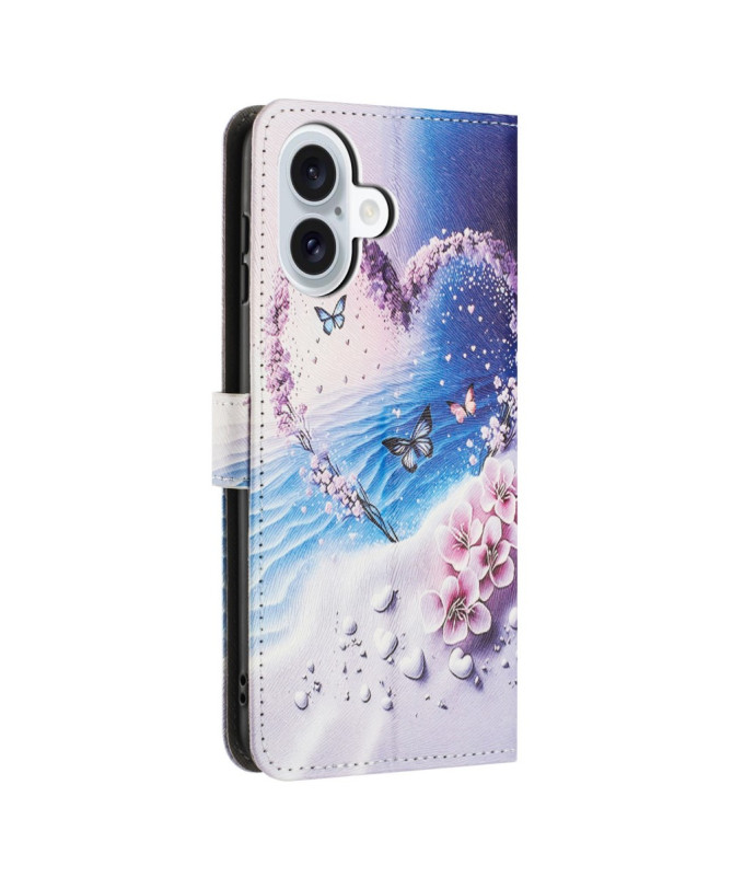 Housse iPhone 16 Plus, illustration cœur et papillons