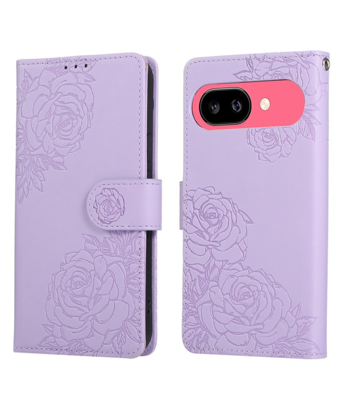 Housse Google Pixel 9a Rose Gravée effet Cuir avec Portefeuille
