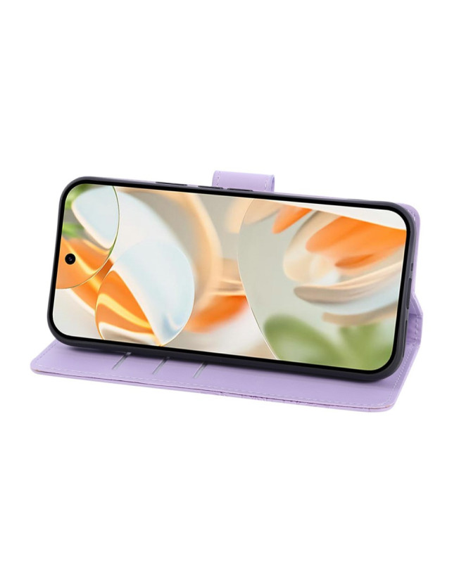 Housse Google Pixel 9a Rose Gravée effet Cuir avec Portefeuille