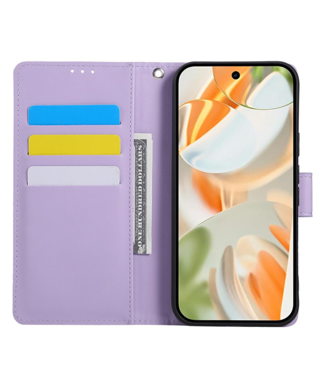 Housse Google Pixel 9a Rose Gravée effet Cuir avec Portefeuille