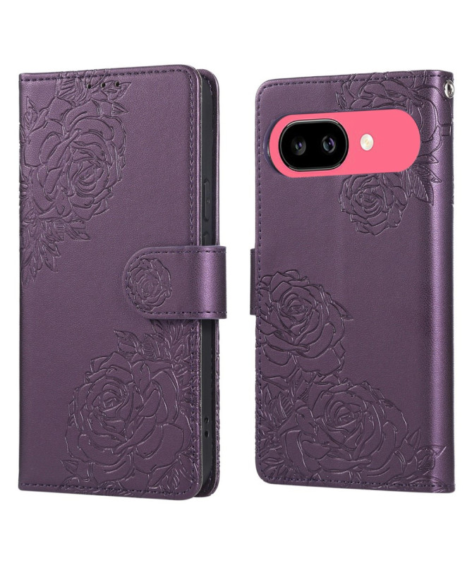 Housse Google Pixel 9a Rose Gravée effet Cuir avec Portefeuille