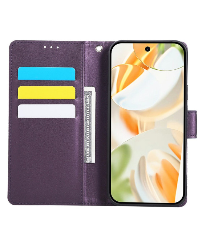 Housse Google Pixel 9a Rose Gravée effet Cuir avec Portefeuille