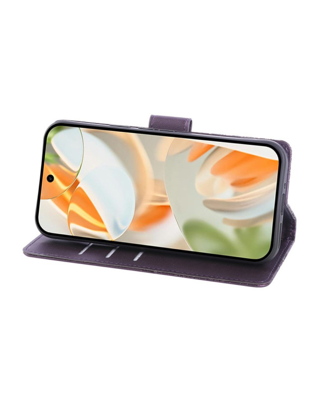 Housse Google Pixel 9a Rose Gravée effet Cuir avec Portefeuille