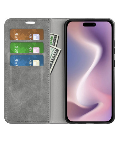 Étui iPhone 16 Pro simili cuir fonction stand Gris - photo 17