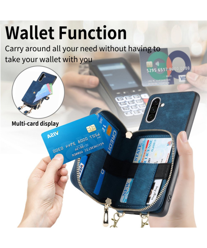 Coque Samsung Galaxy A56 5G à sangle, fermeture zippée et porte-cartes