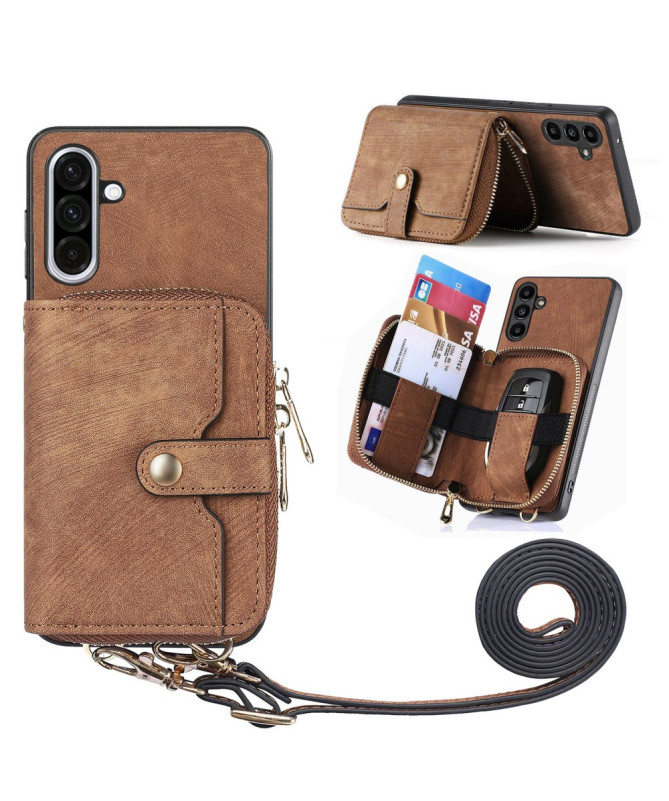 Coque Samsung Galaxy A56 5G à sangle, fermeture zippée et porte-cartes