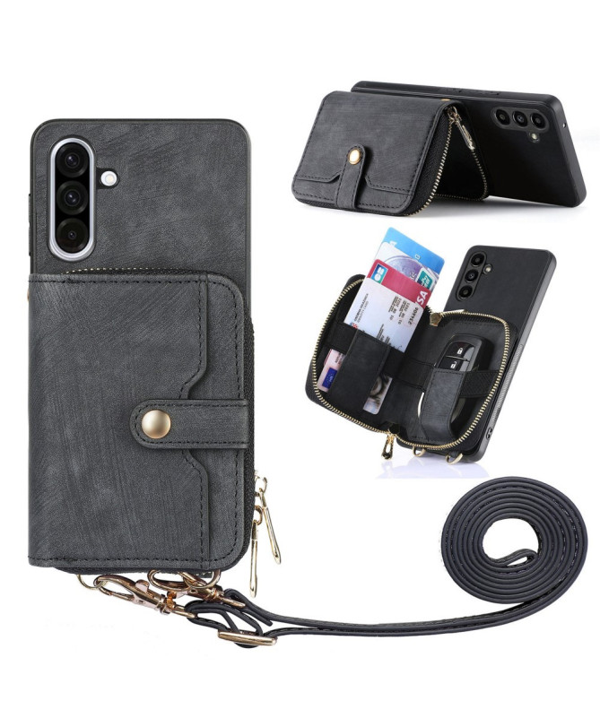 Coque Samsung Galaxy A56 5G à sangle, fermeture zippée et porte-cartes