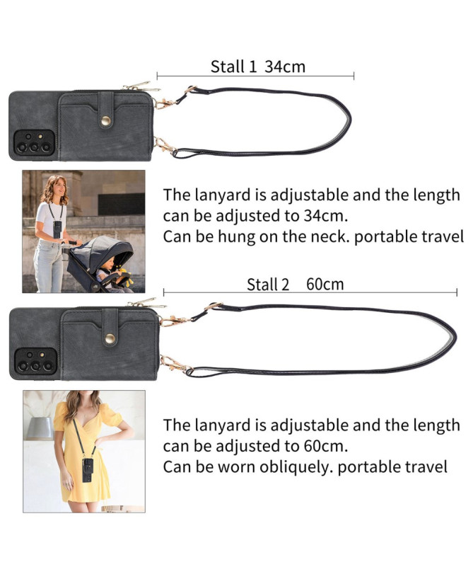 Coque Samsung Galaxy A56 5G à sangle, fermeture zippée et porte-cartes